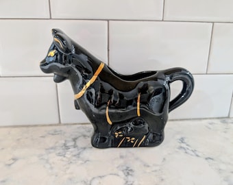 Vintage MCM Jackfield-Style Black and Gold Ceramic Cow Creamer