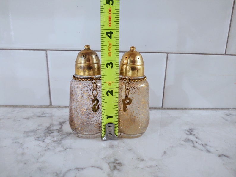 Vintage Hazel Atlas Gold Glitter Salt & Pepper Shaker Set Rare with S and P Charms image 7
