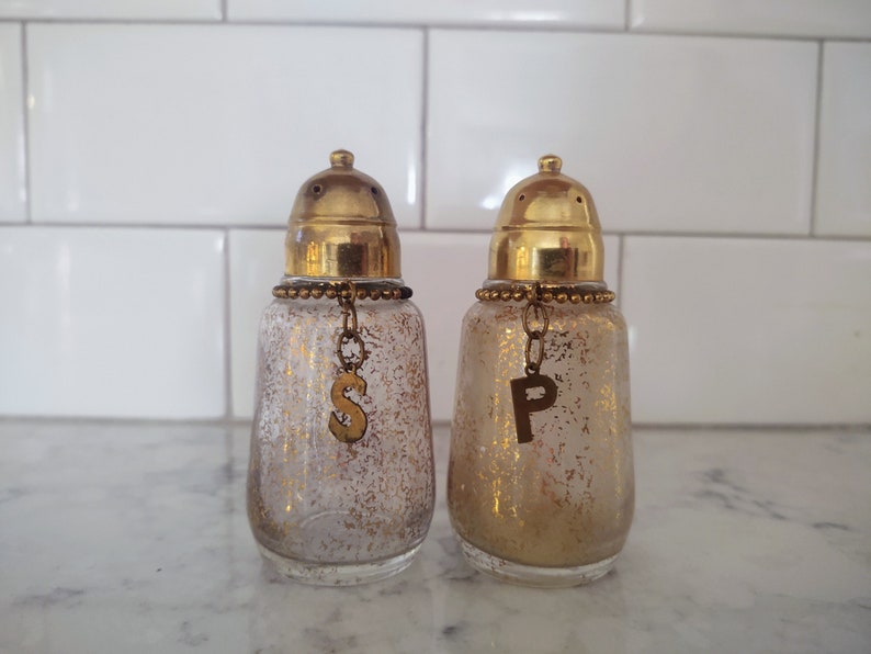 Vintage Hazel Atlas Gold Glitter Salt & Pepper Shaker Set Rare with S and P Charms image 1