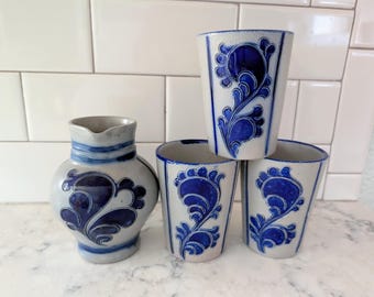 Vintage Reinhold Merkelbach German Salt Glaze Stoneware Set, Including a Pitcher and Four Beaker Cups