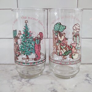 Vintage 1977 Coca Cola Holly Hobbie Christmas Holiday Tumbler Glasses Limited Edition 1 and 3 of 4