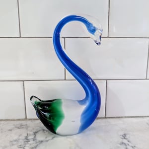 Vintage geblazen glas in Murano-stijl blauw groen wit zwaan beeldje woondecoratie