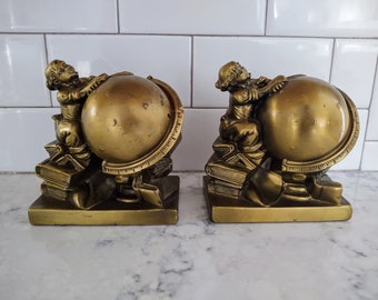 Vintage 1960's Brass Bookends Man at Globe by PM Craftsman