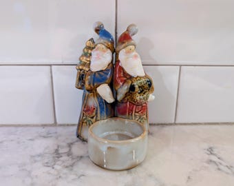 Porta-velas natalino vintage de cerâmica com Papai Noel e São Nicolau