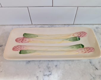 Vintage Olfaire Ceramic Asparagus Serving Platter #7631 Majolica- Style Made in Portugal