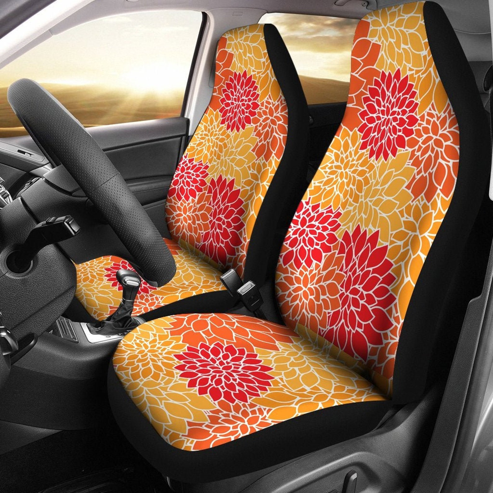 Orange Car Seat Covers Floral Stylish Design Custom Seat Etsy