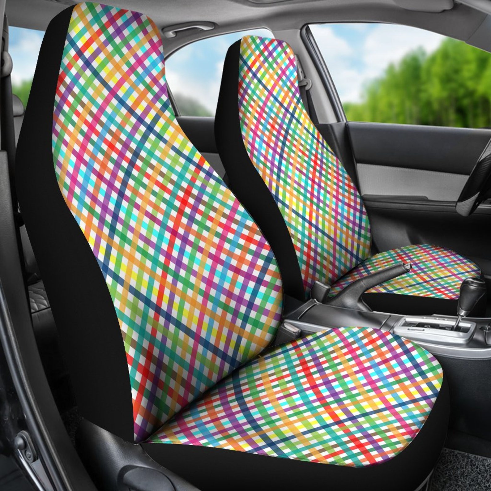 Colorful Rainbow Checkered Design Car Seat Covers Pair 2 Etsy