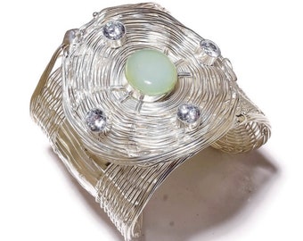 Aqua Chalcedony, Cubic Zirconia Gemstone 925 Silver Handmade Adjustable Open Cuff Bangle Bracelet, Chalcedony Bracelet, CZ Cuff Bracelet