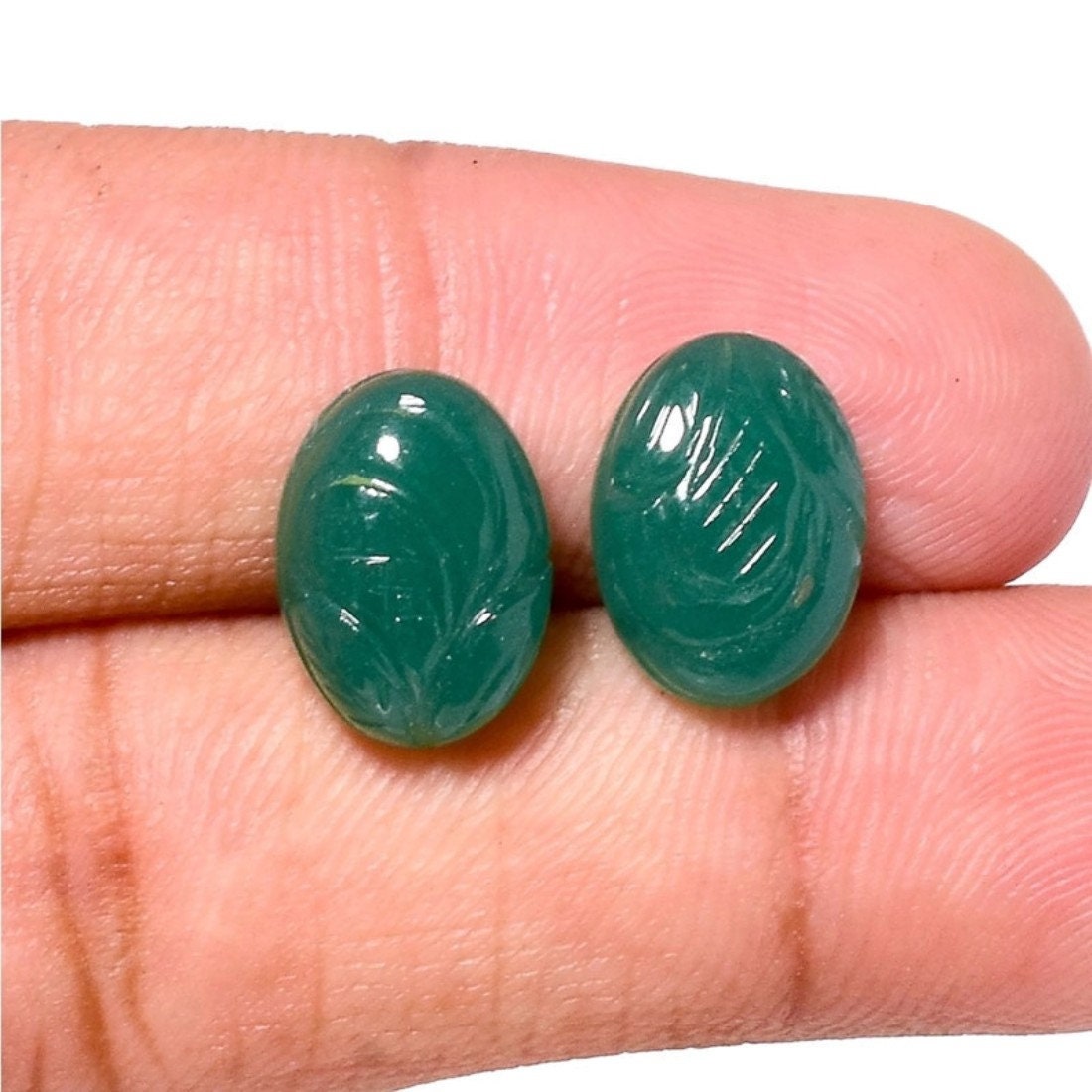 11.9 Cts / 2 pcs Natural Green Onyx Carving Loose Oval Etsy