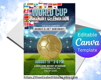 Modelo de convite de aniversário de futebol editável: tema Copa do Mundo (download digital, 5 x 7 no aplicativo CANVA)