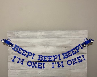 Blue Truck Birthday Banner: Farm Theme, 'Beep Beep', I'M ONE, Oink Baa Moo
