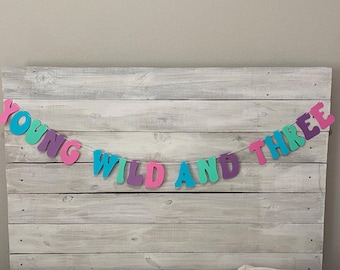 May include: A colorful banner with the words "Young Wild and Three" in pink, blue, and purple letters. The banner is strung on a white string and is hanging on a white wooden wall.