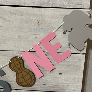 May include: A pink and gray banner with the word "ONE" in pink letters, a brown peanut, and a gray elephant silhouette. The banner is strung with white string.