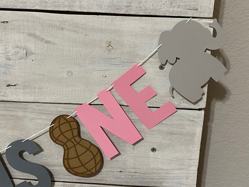 May include: A pink and gray banner with the word "ONE" in pink letters, a brown peanut, and a gray elephant silhouette. The banner is strung with white string.
