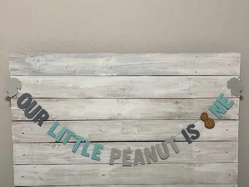 May include: A banner with the text "Our Little Peanut Is One" in gray and blue letters with a peanut graphic. The banner is hanging on a white wood background.