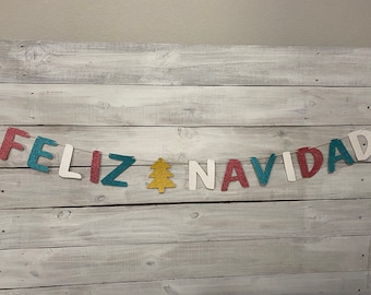 Glitter Feliz Navidad Banner: Holiday Mantle Decor, Christmas Party Decoration, Spanish Holiday Banner, Fiesta Navidad Decor