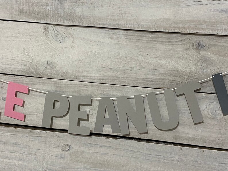 May include: A gray and pink paper banner with the word "PEANUT" spelled out in gray letters and the letter "E" in pink. The banner is strung on a white string and is hanging against a light gray wood background.