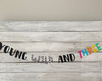May include: A black and white striped banner with the words "young wild and three" in black letters. The letters "three" are in rainbow colors.