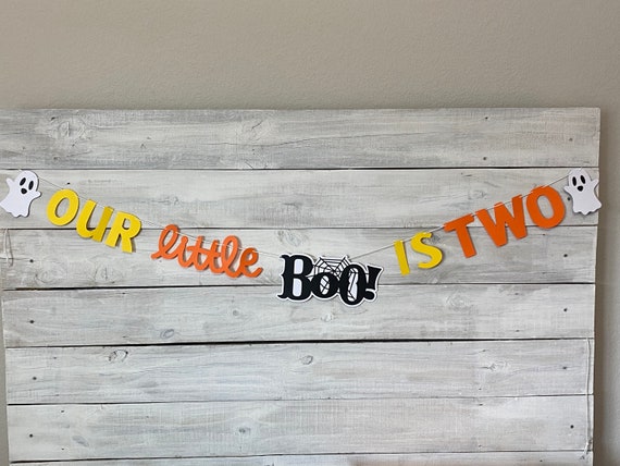 Halloween Birthday Banner: Our Little Boo is Two, Ghost Party Decor