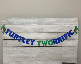 Turtley TWOrrific Cardstock Banner - Turtle 2nd Birthday Party Decor