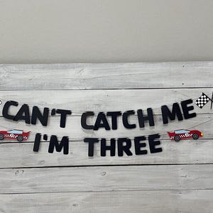 Racecar 3rd Birthday Banner: "Can't Catch Me I'm Three" Party Decor