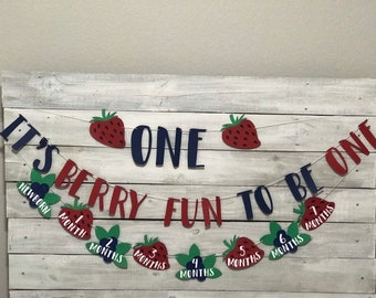 Berry First Birthday Banner: High Chair Decor, Strawberry & Blueberry Theme