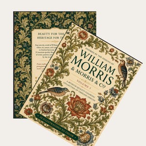 May include: A coloring book titled Inspired by the Designs of William Morris & Morris & Co Volume I, featuring a cream cover with intricate floral and bird illustrations in green, red, and blue, plus a dark green back cover with gold text.