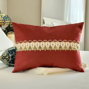 Red Floral Lumbar Pillow: Glasgow Rose, Art Nouveau Decor