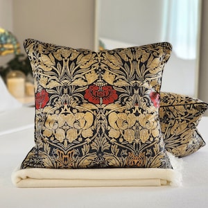 Red Floral Velvet Pillow: William Morris Art Nouveau Throw Pillow