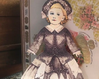 Nellie Victorian Paper Doll Set, including blonde doll, pre-cut 1800's style clothes, and wooden up-cycled cigar box