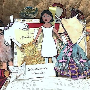 Ensemble de poupées en papier Winnie Wampanoag, Cape Cod victorienne, vêtements de poupée faits main, mini sac à main puzzle, tissage