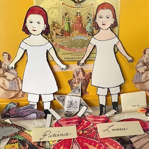 Laurie and Patience Twin Victorian Paper Doll Set, zwei Puppen, handgefertigte vorgeschnittene Kleider, upcycled Collage-Zigarrenkiste