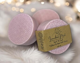 Barra de spa de sal marina de lujo Lavender Surf N Turf / Tallow: jabón de sal marina con aceites esenciales de lavanda, cedro y geranio