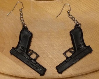 Hand Cuffs Bullet Gun Pistol 925 Sterling Silver Earrings Hook Dangle Drop