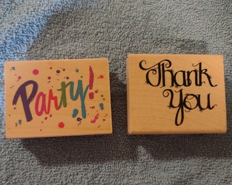 PARTY and THANK YOU Lot of Two Mounted Rubber Stamps