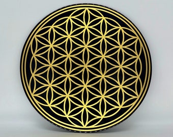 Oeuvre "Fleur de vie". Or 23 carats. Couleur noir. Géométrie sacrée. Plateau énergétique.