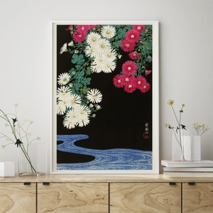 Chrysanthema by Ohara Koson - Japanese Flower Poster Print, museum quality print with Flowerpedals above a river, DIN A4 to DIN A0
