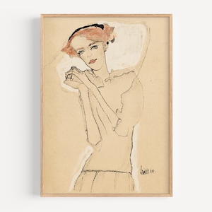 May include: A black and white line drawing of a woman with red hair, wearing a white blouse and a black headband. The drawing is on a beige background and is signed "Klimt 10."