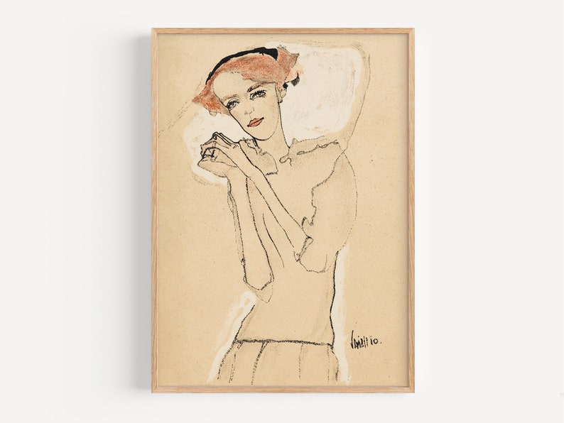 May include: A black and white line drawing of a woman with red hair, wearing a white blouse and a black headband. The drawing is on a beige background and is signed "Klimt 10."