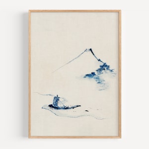 Man in a boat at Mount Fuji by Katsushika Hokusai - Japanese Vintage Poster Print, museum quality, wood cutting, print size DIN A4 to DIN A0
