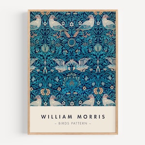 William Morris Poster birds pattern Vintage, floral wall art, botanic, nature poster, blossom, blue, red,  gift for her, giclée print
