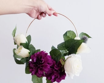 Flower Hoop, Peony, Roses, Burgundy, Wrist Corsage, Hoop Bouquet, Bridal Bouquet, Bridesmaids Bouquet, Silk Bouquet, Silk Flowers,  corsage