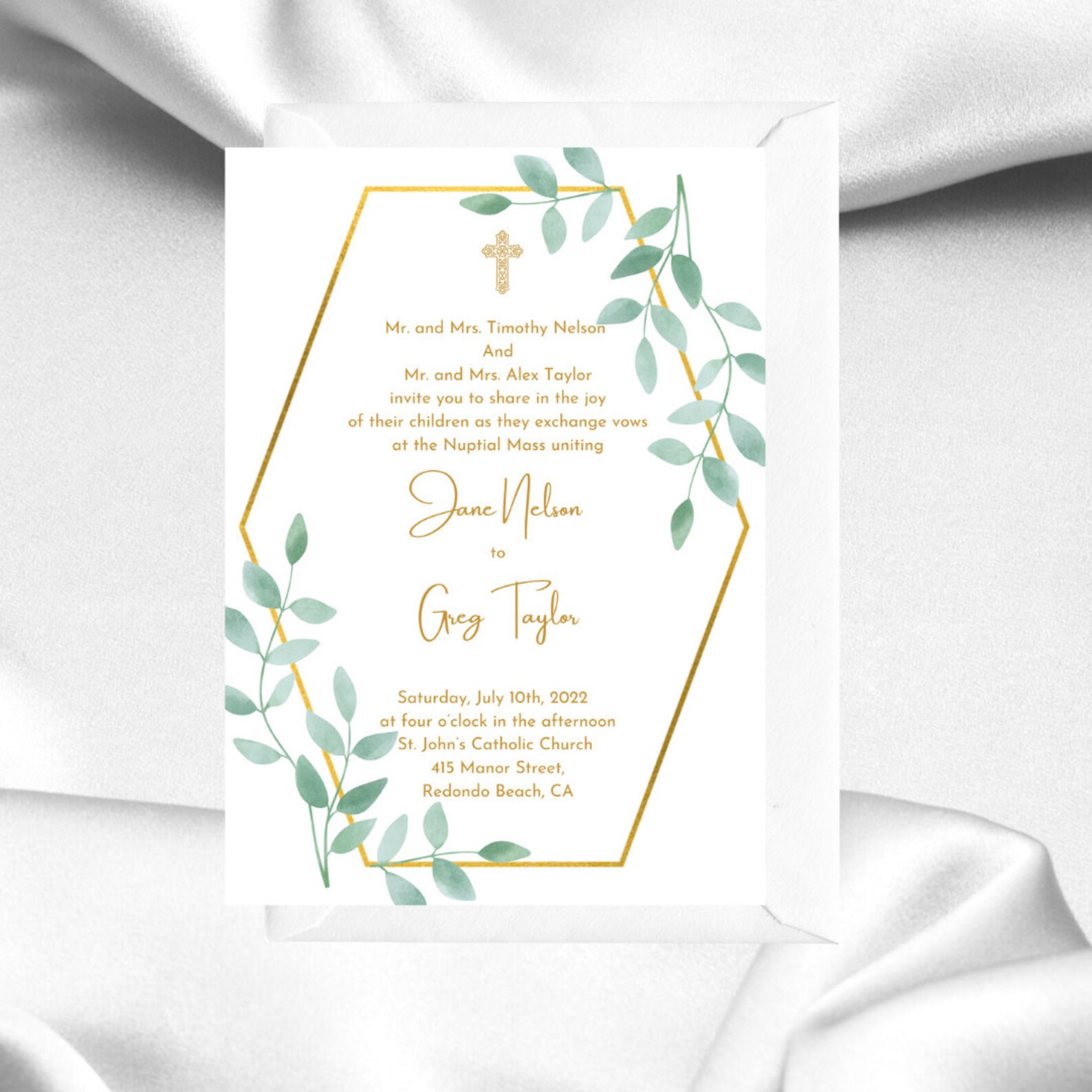 Catholic Wedding Invitation Design, Greenery, Customize and Wording ...