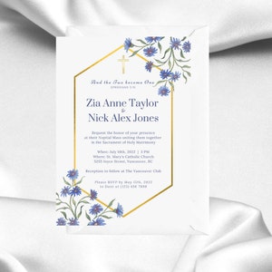 Faire-part de mariage catholique, Bleu marial, Personnaliser, Formulation, Invitation de mariage, Carte électronique de mariage, Programme de l’Église, Impressions, Modifiable, Église