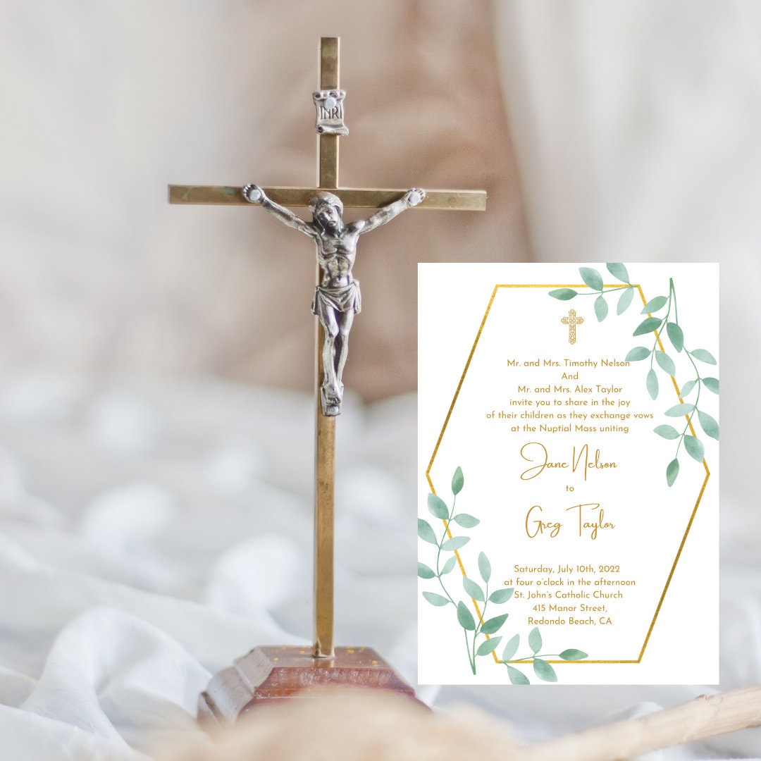 Catholic Wedding Invitation Design, Greenery, Customize and Wording ...