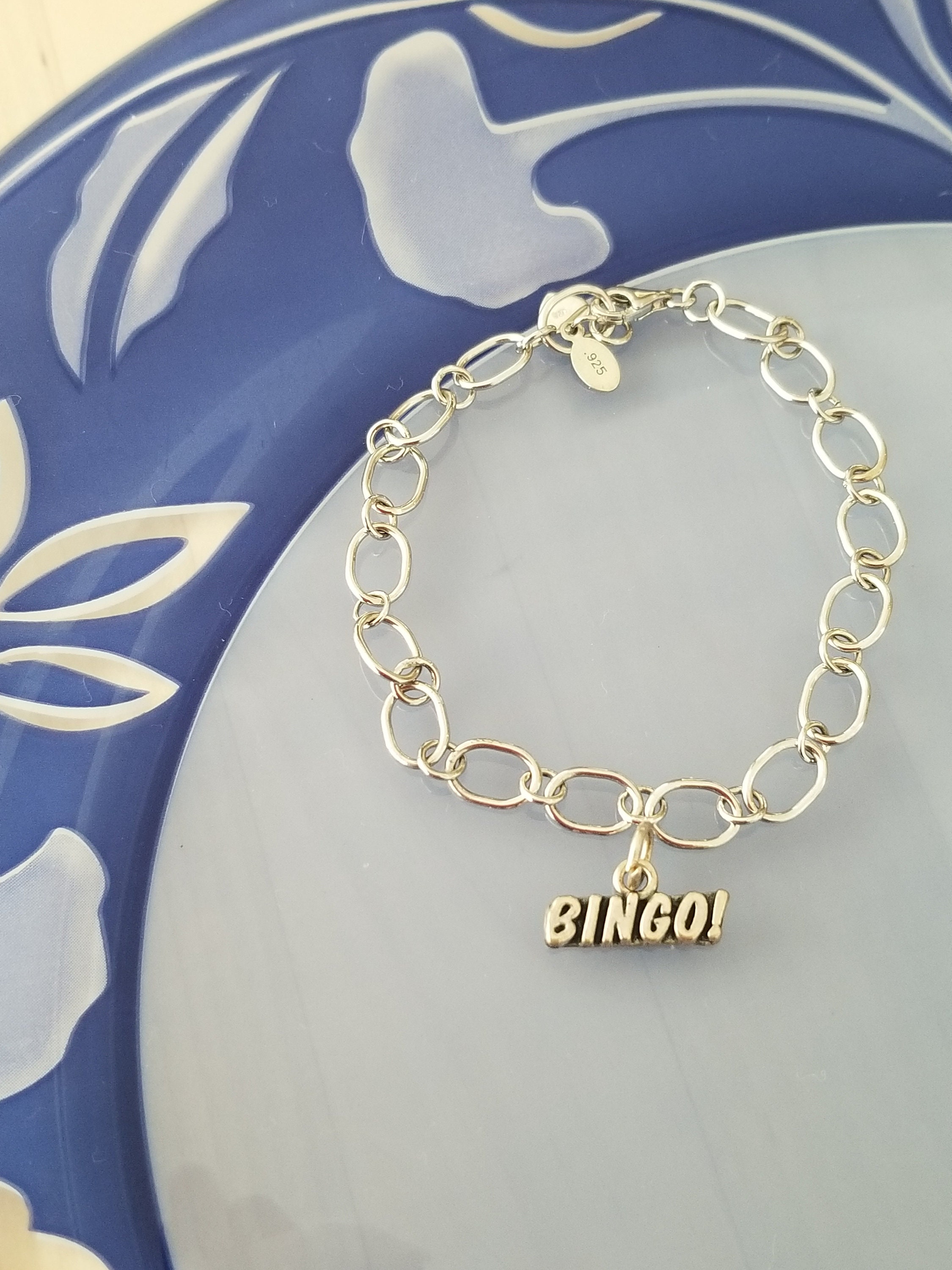 925 sterling silver "Bingo" charm on silver bracelet or silver necklace, Personalized charms, Gift for Her, Birthday, Anniversary
