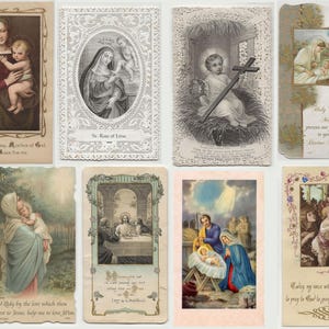 May include: A collection of vintage religious cards featuring illustrations of the Virgin Mary, Jesus, and other religious figures. The cards have ornate borders and include text such as "Holy Virgin Mary" and "St. Rose of Lima."