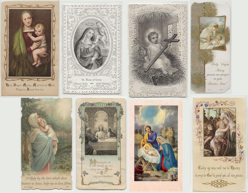 May include: A collection of vintage religious cards featuring illustrations of the Virgin Mary, Jesus, and other religious figures. The cards have ornate borders and include text such as "Holy Virgin Mary" and "St. Rose of Lima."