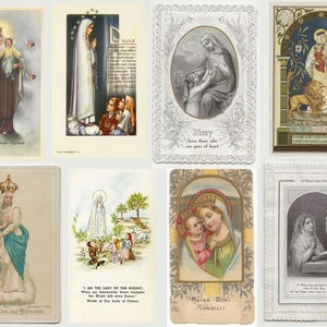 May include: A collection of eight vintage religious cards featuring illustrations of the Virgin Mary and Jesus. The cards showcase various artistic styles, including detailed portraits and scenes with text. The color palette includes soft pastels and rich earth tones.