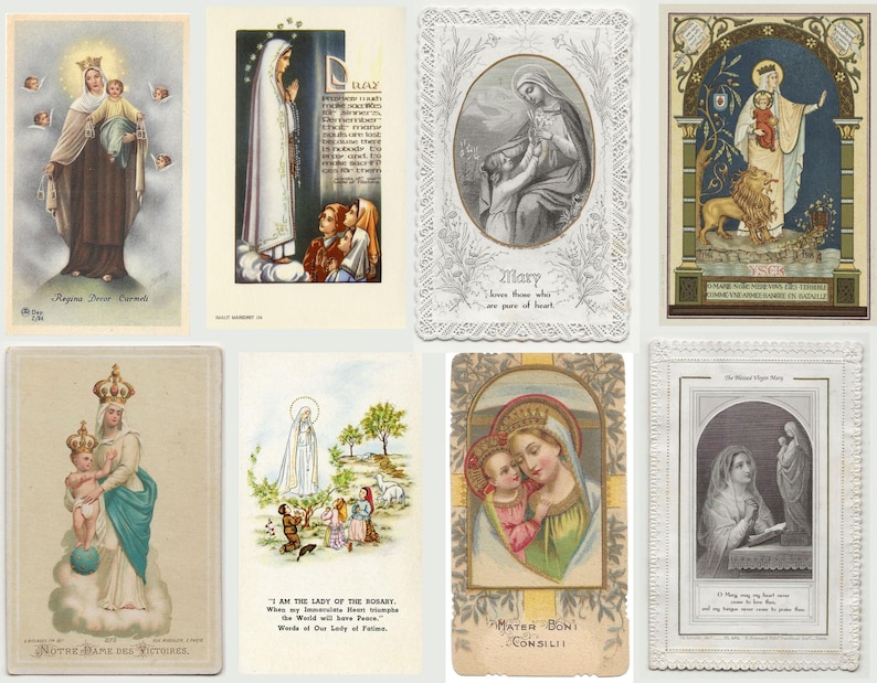 May include: A collection of eight vintage religious cards featuring illustrations of the Virgin Mary and Jesus. The cards showcase various artistic styles, including detailed portraits and scenes with text. The color palette includes soft pastels and rich earth tones.
